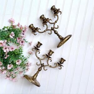 Vintage Brass Candelabra Candlestick Three Arm Unpolished Pair